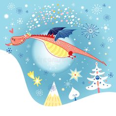 a red dragon flying through the air over snow covered trees and christmas decorations on a blue background