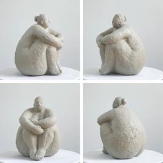 four images of two people hugging each other on a white surface, one is sitting down and the other is standing up