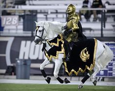 a man riding on the back of a white horse wearing a gold and black outfit