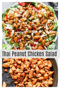 chicken salad with lettuce and carrots in a skillet on the side