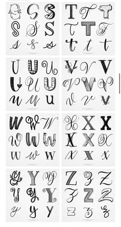 several different types of letters and numbers in black ink on white paper, each with the letter