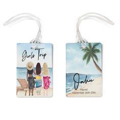 "A unique personalized luggage tag perfect for traveling on your next vacation or even as a bag accessory!  Make a great keepsake!  Great for back packs, hand bags and keychains!  Each luggage tag is made out of Aluminum and comes with a clear plastic strap to secure it to your luggage. Size 2.75\" x 4\" Front and Backside Shown We can add up to four girls HOW TO ORDER 1) Select from the drop down menu the QTY you need. 2) In \"Notes to Seller\" provide us  FRONT: Let us know the SKIN TONE you p Creative Wall Painting, Creative Wall, Girl Shower, Bridal Shower Gifts, Hand Bags