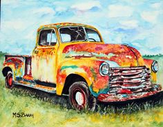 an old yellow truck painted in watercolor on paper with grass and blue sky behind it