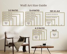 the wall art size guide is displayed in front of a chair and table with a laptop on it