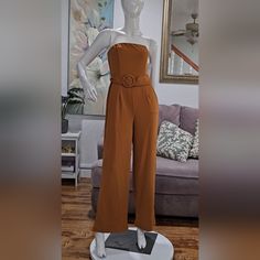 Beautiful Mustard Colored Jumpsuit Fitted Strapless Jumpsuit For Spring Formal, Fitted Strapless Jumpsuit For Spring Formal Events, Spring Formal Fitted Strapless Jumpsuit, Chic Tailored Jumpsuits And Rompers For Spring, Chic Strapless Jumpsuit For Spring Formal, Chic Brown Jumpsuits And Rompers For Spring, Elegant Fitted Jumpsuits And Rompers For Day Out, Chic Brown Jumpsuits And Rompers For Party, Brown Jumpsuit For Night Out In Spring