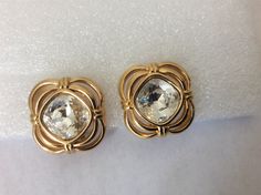 "Swarovski clip-on earrings, excellent condition. Marked with Swan logo Gold plated metal, clear rhinestone size approximately - 7/8\" x 7/8\" square" Formal Metal Clip-on Crystal Earrings, Formal Clip-on Crystal Earrings, Swan Logo, Double Chain Necklace, Gold Ring Designs, Double Chain, Pretty Earrings, Design Silver, Earrings Photo