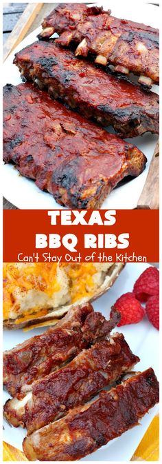 bbq ribs on a white plate with raspberries