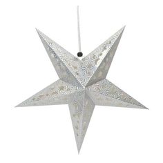 an origami star hanging from a chain on a white background with black beads