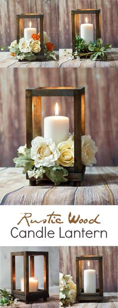 two pictures of candles with flowers and greenery on the sides, one is white