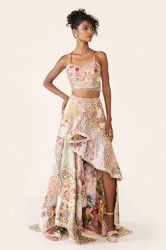 Multi colored patchwork asymmetric skirt with sequin, cutdana and Swarovski embroidery. Comes with padded corset blouse with thread and bead work. - Aza Fashions Varun Bahl, Embroidered Cape, Corset Blouse, Anamika Khanna, Asymmetric Skirt, Multicolor Skirt, Draped Skirt, Asymmetrical Skirt, India Fashion