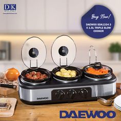 an advertisement for the daewoo brand featuring three bowls of food on a counter