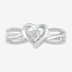 Ring Style: Promise Rings, Side Stone Rings, Engagement RingsDiamond Clarity: I3Setting: Multi-SettingShape: HeartStone Cut: RoundDiamond Color: JMetal Color: WhiteRing Gallery Height: 4.8mmRounded Carat Weight: Less Than 1/10 Ct.t.wBand Width: 2mmCare: Wipe CleanAuthenticity: Natural DiamondMetal: Sterling SilverCountry of Origin: Imported Rings Promise, Luxury Jewellery, 6 Rings, Rings Engagement, Ring Style, Sterling Silver Heart, Silver Heart, Promise Ring, Promise Rings