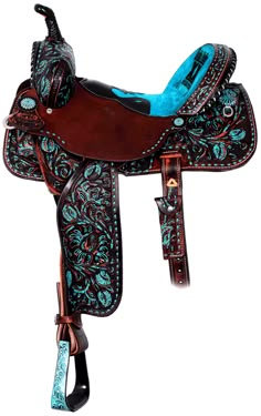 a brown and blue horse saddle with turquoise accents on the seat, in front of a white background