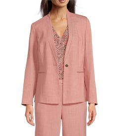 From Anne Klein&#x2C; this jacket features:cross-dye twill fabricationopen necklinelong sleevesone button frontapprox. 26.5" lengthpolyester/rayon/elastanedry cleanImported. Spring Blazer With Button Closure And Flat Front, Spring Blazer With Button Closure, Spring V-neck Outerwear With Button Closure, Spring V-neck Office Outerwear, Spring V-neck Professional Outerwear, Spring V-neck Blazer With Button Closure, Formal Spring Outerwear With Flat Front, Spring V-neck Blazer For Business Casual, Single-breasted V-neck Spring Blazer