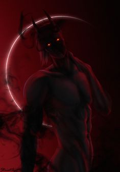 a demon with glowing eyes standing in front of a red background and holding a circular object