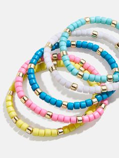 Achieve style that’s bead-er than ever with the Just Bead It Kids’ Bracelet Set. This pack comes with five pisa stretch bracelets, with colors in yellow, pink, turquoise, white, and blue. Mix and match the bracelets to suit your mood, or share with friends. Please note: intended for children 3+. Kids Beaded Bracelets, Kids Bead Bracelet, Kids Bracelet, Stone Bead Jewelry, Kids Bracelets, 20 Off Sale, Bracelet Ideas, Prime Time, Pink Turquoise