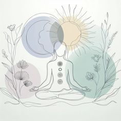 a drawing of a person sitting in a lotus position with the sun above their head