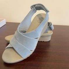 New In Box Suede Wedge Sandal From Cloudsteppers By Clarks. Blue Grey In Color. Style Is Caddell Bright Comfortable Blue Wedge Heel Sandals, Blue Wedge Heel Sandals With Arch Support, Mary Jane Wedge Shoes, Grey Wedges, Clarks Women, Casual Wedges, Wedge Loafers, Tan Wedges, Clarks Women's