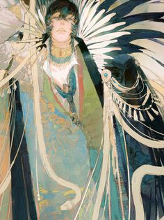 an artistic painting of a woman with feathers on her head and wings around her neck