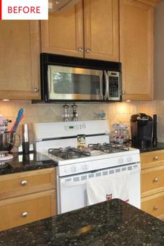 a kitchen with granite counter tops and wooden cabinets is shown in this image, there is a microwave above the stove