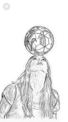 a drawing of a woman with a soccer ball on her head in front of her face