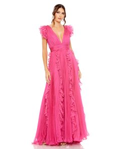 Formal Dresses Long Rufle Cap Sleeve Formal Dress Fuchsia Mode Purple, Vestidos Color Coral, Designer Formal Dresses, Formal Dresses With Sleeves, Bride Groom Dress, Chiffon Fashion, Pleated Bodice, Mac Duggal, Chiffon Gown