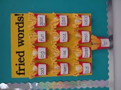 a bulletin board with words written on it and cupcakes attached to the wall