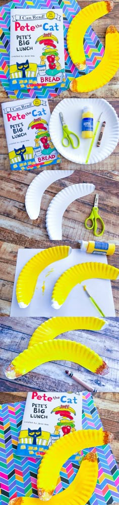 paper plates and scissors are laid out on the table to be used as art project