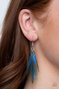 Holographic Glamour - Blue Iridescent Earrings - Paparazzi Paparazzi Jewelry Images, Iridescent Earrings, Paparazzi Accessories Jewelry, Fringe Earring, Elongated Oval, Earrings Trendy, Paparazzi Accessories, Chic Jewelry, Affordable Jewelry