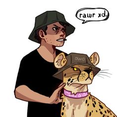 a drawing of a man holding a cheetah wearing a hat with the word raw d above it