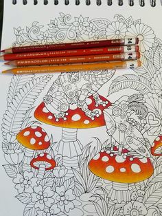 two pencils sitting on top of a drawing book next to some mushrooms and flowers