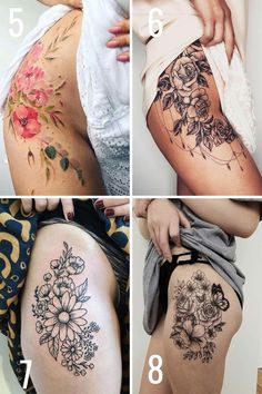 four pictures showing different types of tattoos on women's thighs and thighs, with the