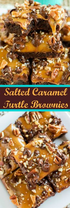 salted caramel turtle brownies are stacked on top of each other with nuts