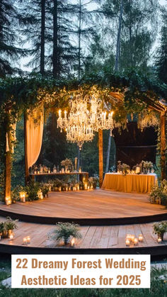 Enchanting forest wedding setup featuring a glowing chandelier, rustic wooden platform, lush greenery, and candlelit decor for a magical 2025 wedding. Rainforest Wedding Ceremony, Fairytale Country Wedding, Enchanted Forest Wedding Bridesmaid, California Redwoods Wedding, Muir Woods Wedding, Rustic Woodsy Wedding Decor, Magical Forest Wedding Fairytale, Magical Wedding Theme Fairytale, Simple Boho Wedding Decor