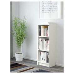 a white bookcase sitting next to a potted plant