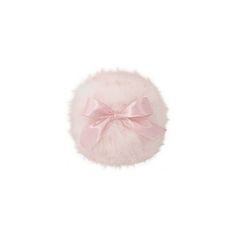 a pink fur ball with a bow on the front and side, against a white background