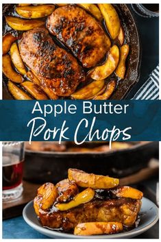 an apple butter pork chops recipe on a plate with the title in the middle