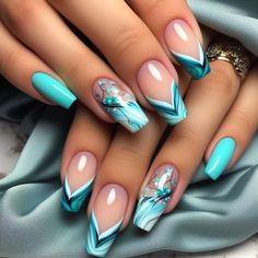 Cyan Nail Designs, Acrylic Tips Designs, Turquoise Nails Designs Aqua, Tiffany Blue Nails Design, Aqua Nail Designs, Turquoise Nails Designs, Jordan Nails, Nail Art Turquoise, Aqua Nail