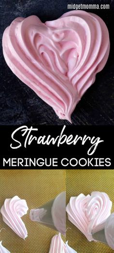 strawberry meringue cookies with white frosting in the shape of a heart