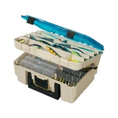 an open storage box filled with different types of fishing gear