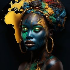 a woman with painted face and body is standing in front of the map of africa