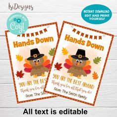 two thanksgiving cards with an owl wearing a pilgrim hat and the words hands down, you are