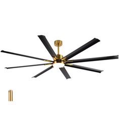 an image of a ceiling fan with black blades and gold accents on it's face