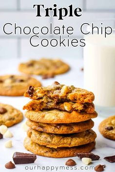 triple chocolate chip cookies stacked on top of each other next to a glass of milk