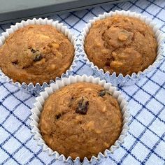 three muffins sitting on top of a blue and white cloth