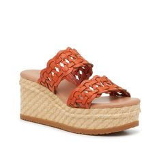 Baretraps-Skylar Wedge Sandal Step into summer with the Skylar wedge sandal from Baretraps. Complete with an interlocking double strap design and a platform detail, this wedge is the perfect add to your warm weather closet. Synthetic Wedge Sandals With Heel Loop For Vacation, Vacation Wedge Sandals With Heel Loop, Beach Closed Toe Wedge Sandals With Heel Loop, Orange Synthetic Wedge Sandals With Round Toe, Orange Leather Wedge Sandals For Beach, Beach Sandals With Heel Loop In Synthetic Material, Synthetic Sandals With Heel Loop For Beach, Slip-on Platform Wedge Espadrille Sandals, Orange Platform Wedge Sandals For Summer