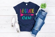 1st grade shirt, Teacher Shirt, First Grade team squad crew Shirt, First Grade Shirt, Grade Teacher shirt, first grade teacher shirtBella + Canvas 3001 ModelPRODUCT DESCRIPTION:100% Soft cotton (fibre content may vary for different colors)Light fabric (4.2 oz/yd² (142 g/m²))Retail fitTear away labelRuns true to size100% Combed ring spun cottonMade by specially treating the cotton fibers before spinning them into yarn. The result is stronger and smoother fabric.Twill tape covers the shoulder seam Vsco Shirts, First Grade Shirt, Awareness Shirt, Ladies Tee Shirts, Heart Shirt, Trendy Shirts, Vinyl Projects