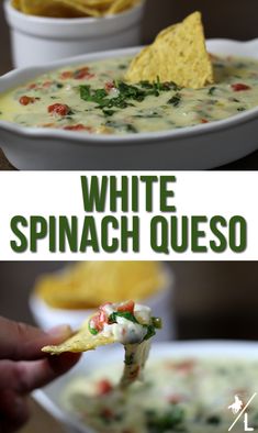 white spinach quesadilla soup with tortilla chips on the side