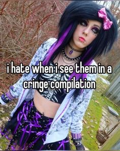 a girl with purple hair and piercings standing in front of a fence, text reads i