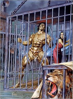 a painting of a man in jail with his hands on the bars and two women behind him